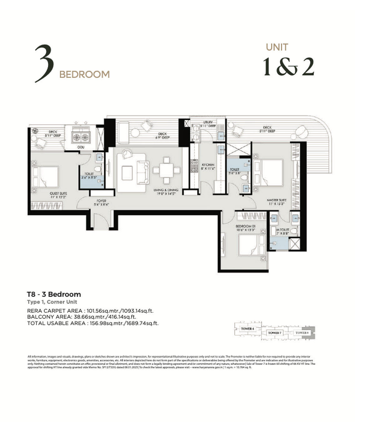 3 BHK T8 Type 1 Corner Unit Floor Plan